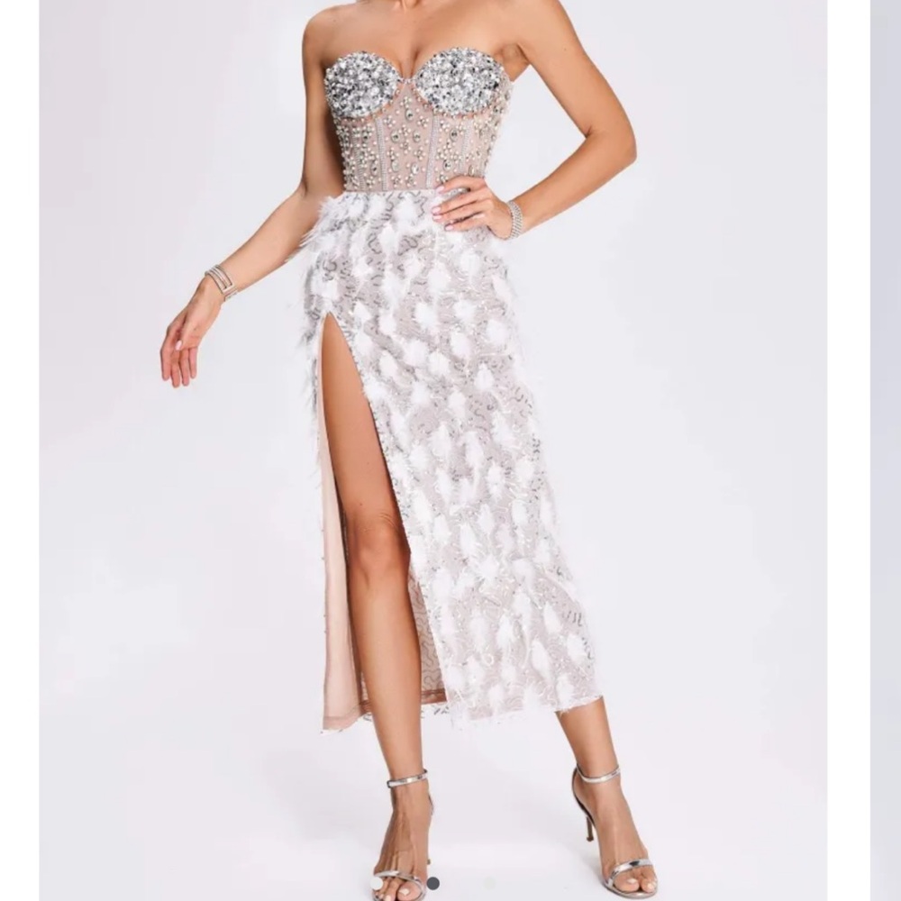 Bella Barnett strapless diamonate feather